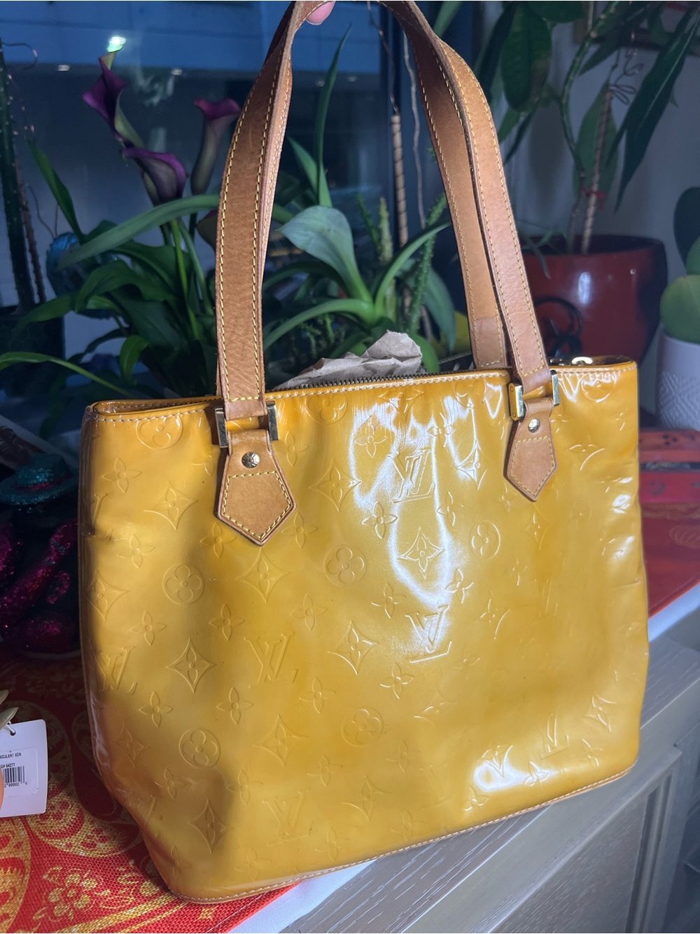Louis Vuitton Houston Yellow Monogram Vernis Tote Patent Leather Shoulder Bag